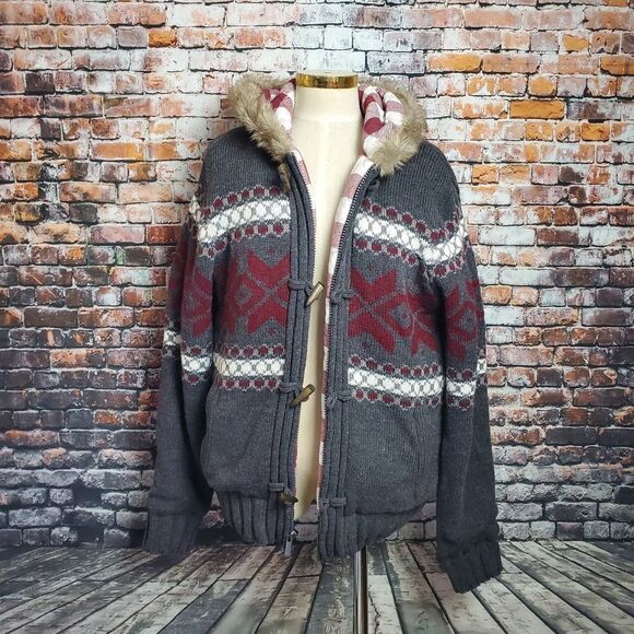 Jeans by Buffalo Hooded Toggle Button Fair Isle Sweater Jacket - Picture 2 of 12
